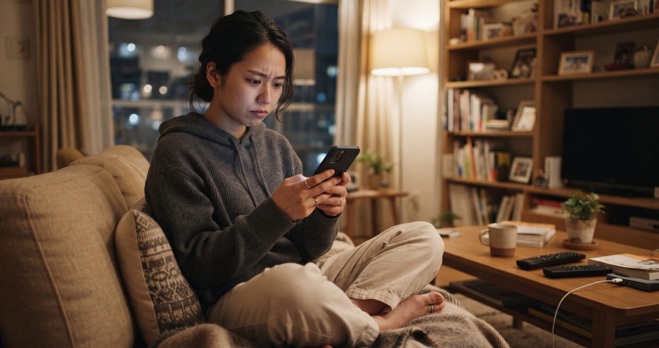 夜、女性がソファに座り膝を抱えながら険しい表情でスマートフォンの画面を見つめている様子。背景にはテレビやリモコンが置かれたリビングが広がっている