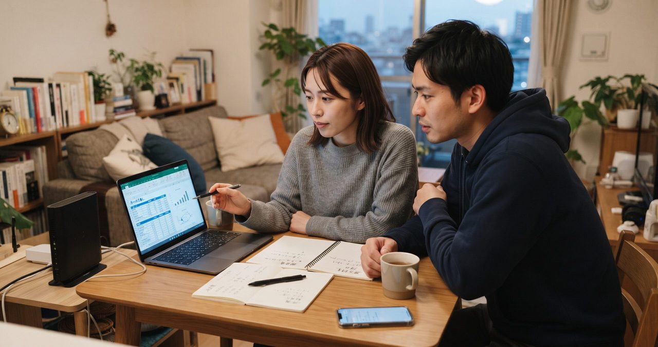 男女がノートパソコンの表計算画面を見ながら通信費の比較について話し合っている様子。テーブルには光回線のルーターとノート、ペンが置かれている