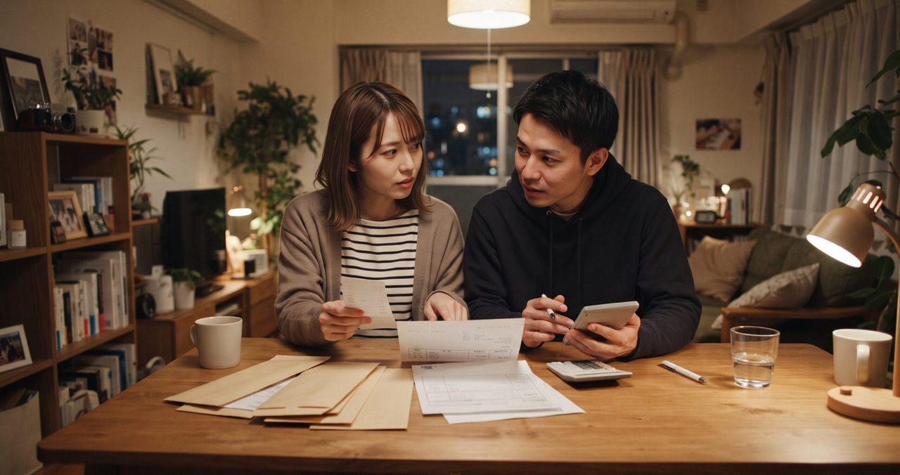 男女がダイニングテーブルで電気料金の明細書を手に持ち、もう一方がスマートフォンを操作しながら話し合っている様子。テーブルには複数の茶封筒や電卓、計算用紙が広げられている