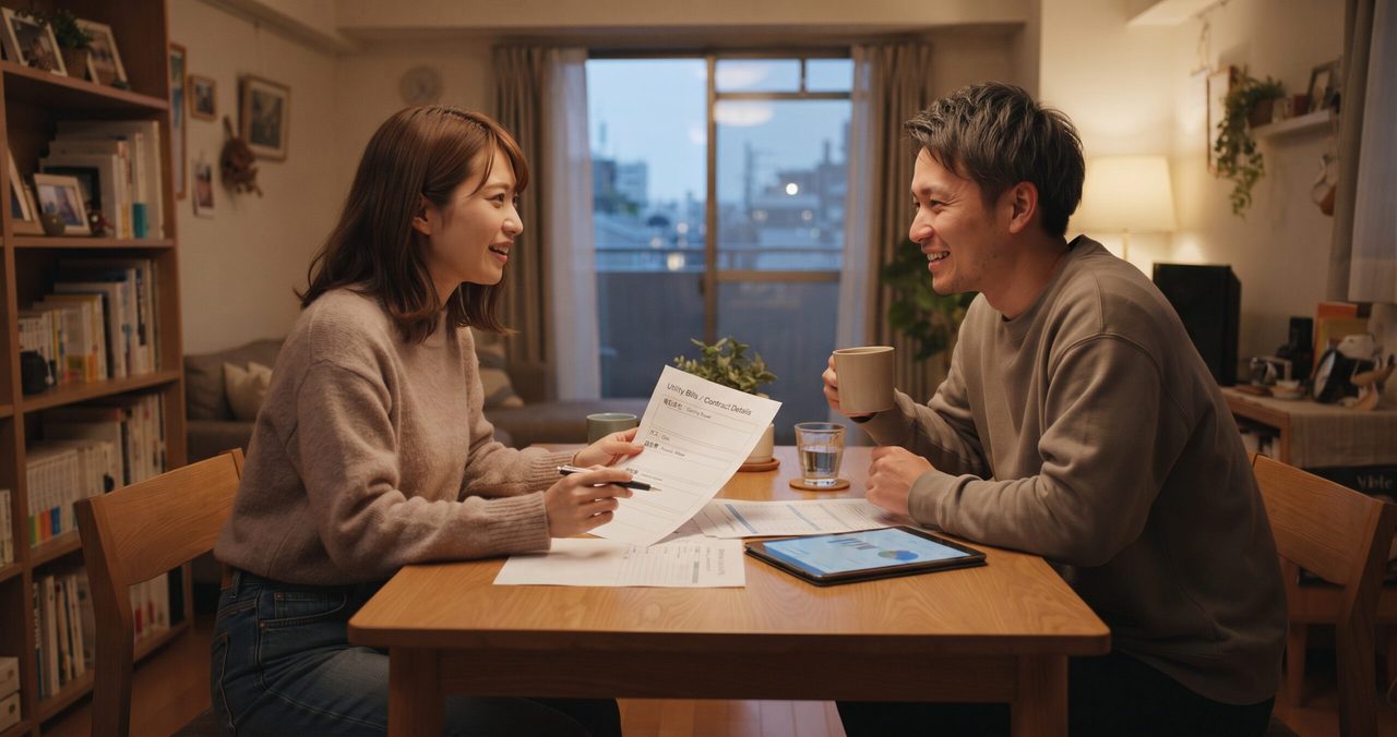 同棲中の男女が笑顔で向かい合い、女性が契約内容の書かれた書類を手に持ち、男性がマグカップを手に会話している様子。テーブルにはタブレットも置かれている