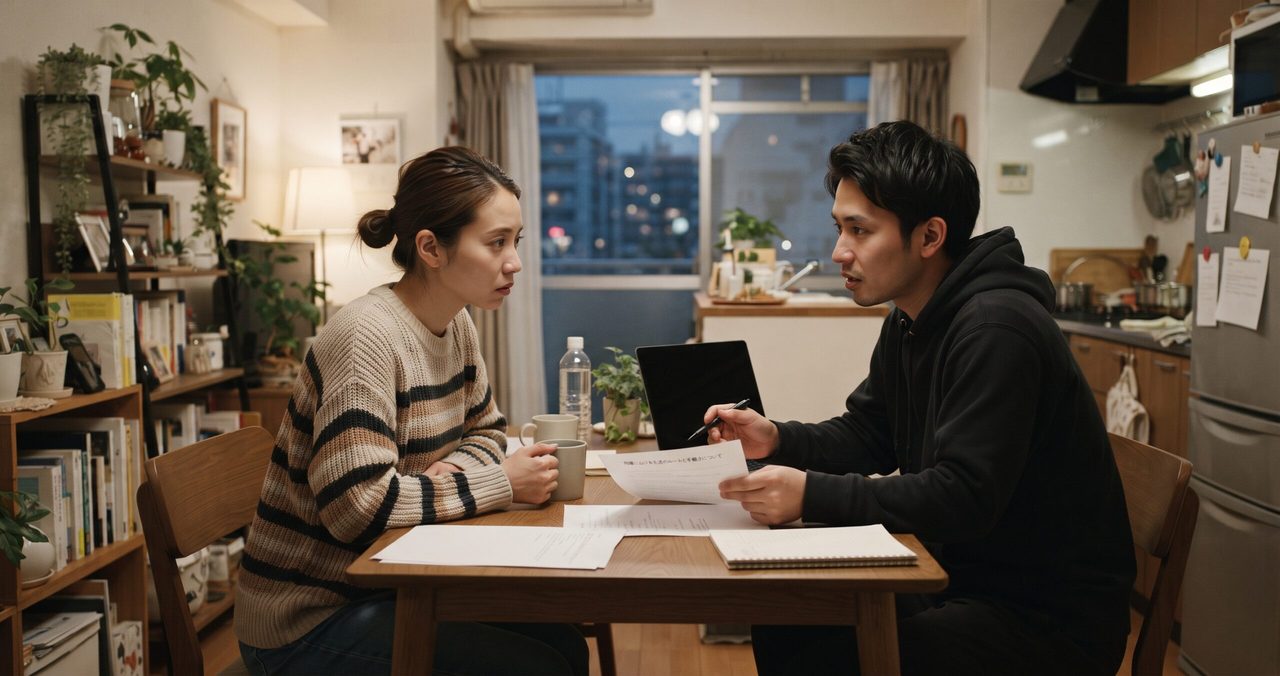 キッチン付きのダイニングで同棲カップルが向かい合い、男性がペンで契約書類を指し示しながら話し、女性がマグカップを手に真剣な表情で聞いている様子