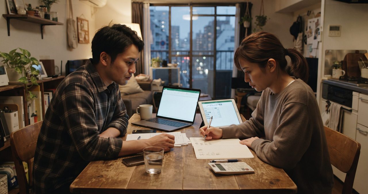 男女が向かい合い、女性がタブレットに表示された物件情報を見ながらノートにメモを書き込み、男性がノートパソコンの画面を見て真剣な表情で考えている様子。テーブルには電卓とスマートフォンが置かれている