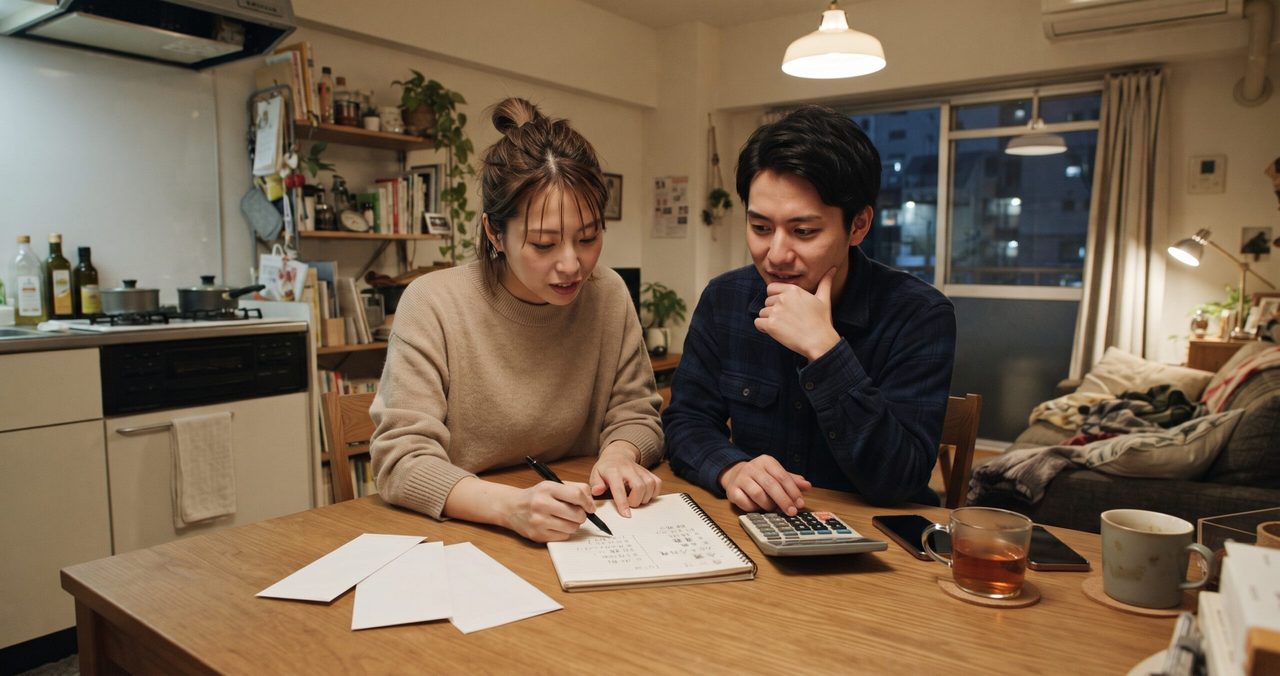 キッチン付きのダイニングで男女が向かい合い、女性がノートにペンで書き込みながら、男性が電卓を操作し顎に手を当てて考え込んでいる様子。テーブルには白い封筒が数枚置かれている
