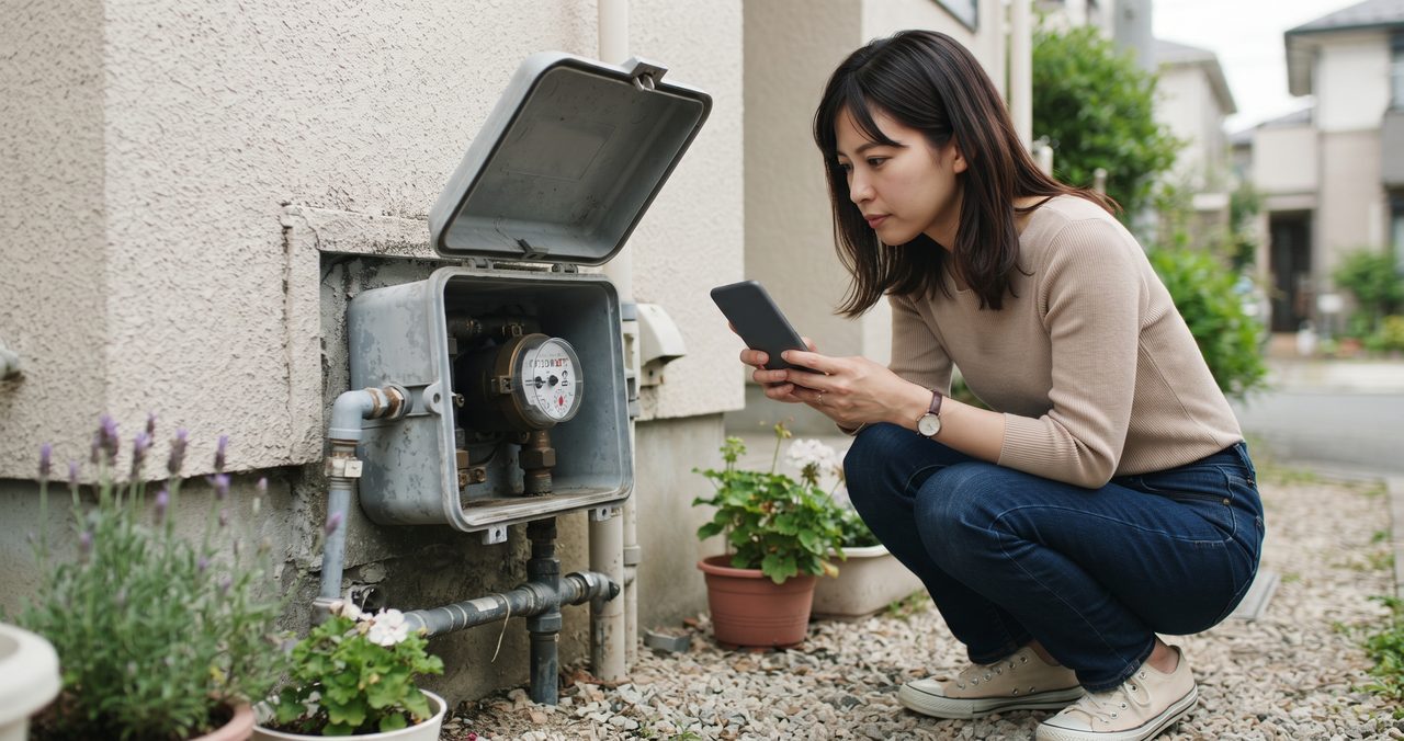 戸建て住宅の外壁に設置された水道メーターボックスのふたを開けて、住人がメーターの数字を確認している様子