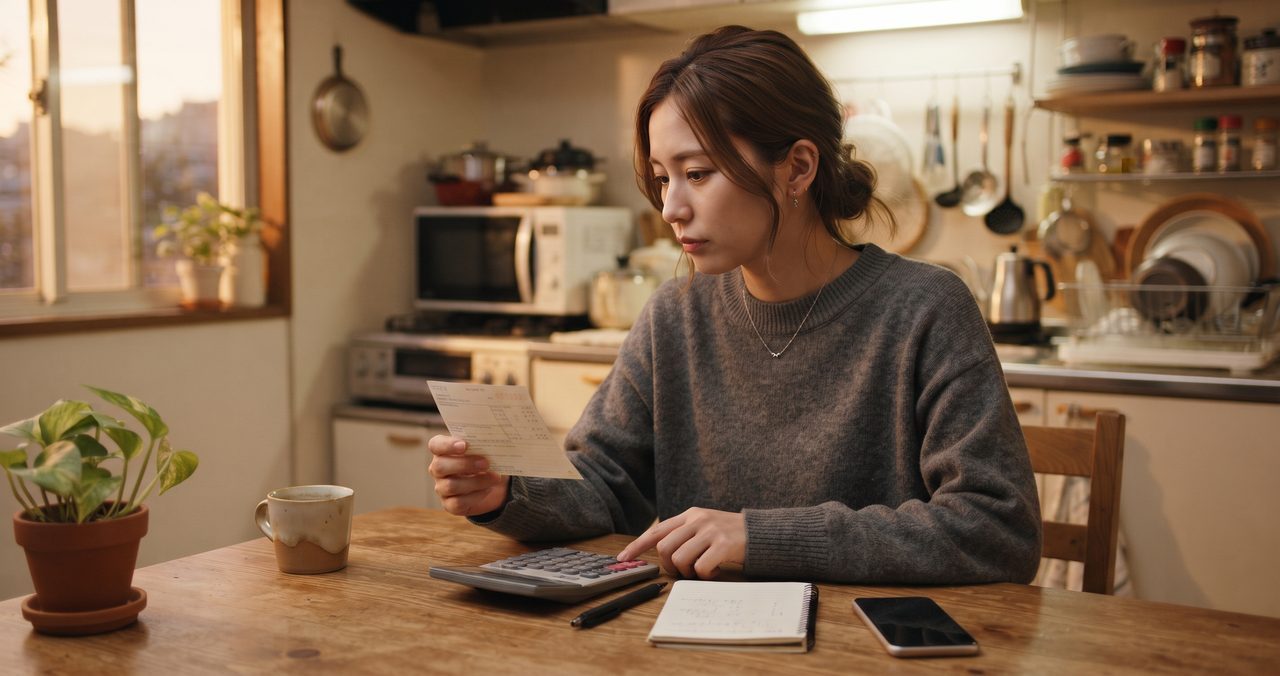 キッチンのテーブルで、水道の検針票らしきはがきを見ながら電卓で計算している人物