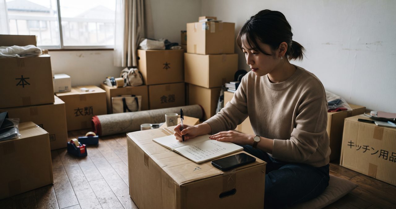 引っ越し用の段ボール箱が積まれた部屋で、ノートに新しい住所を書き込んでいる人物