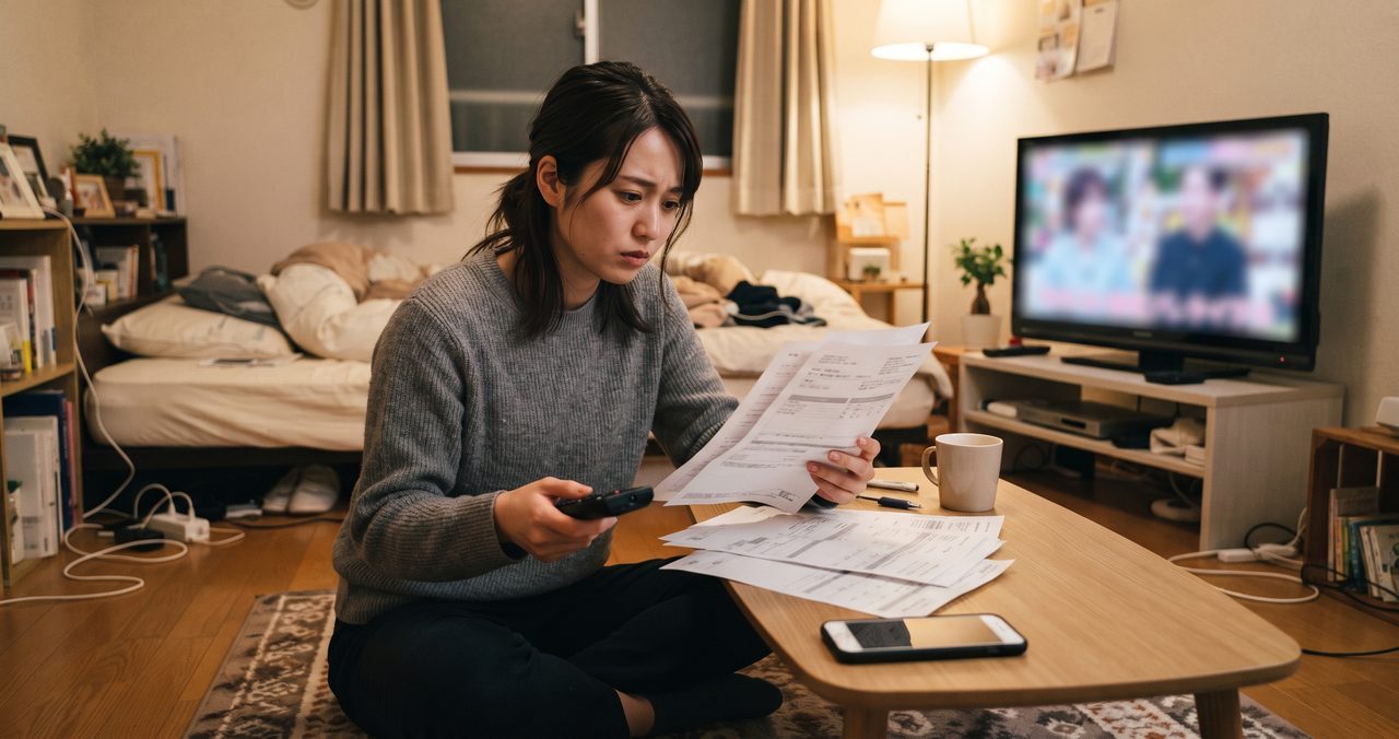 ワンルームの部屋でテレビの前に座り、リモコンを持ちながら契約関連の書類らしき紙を見ている一人暮らしの人物