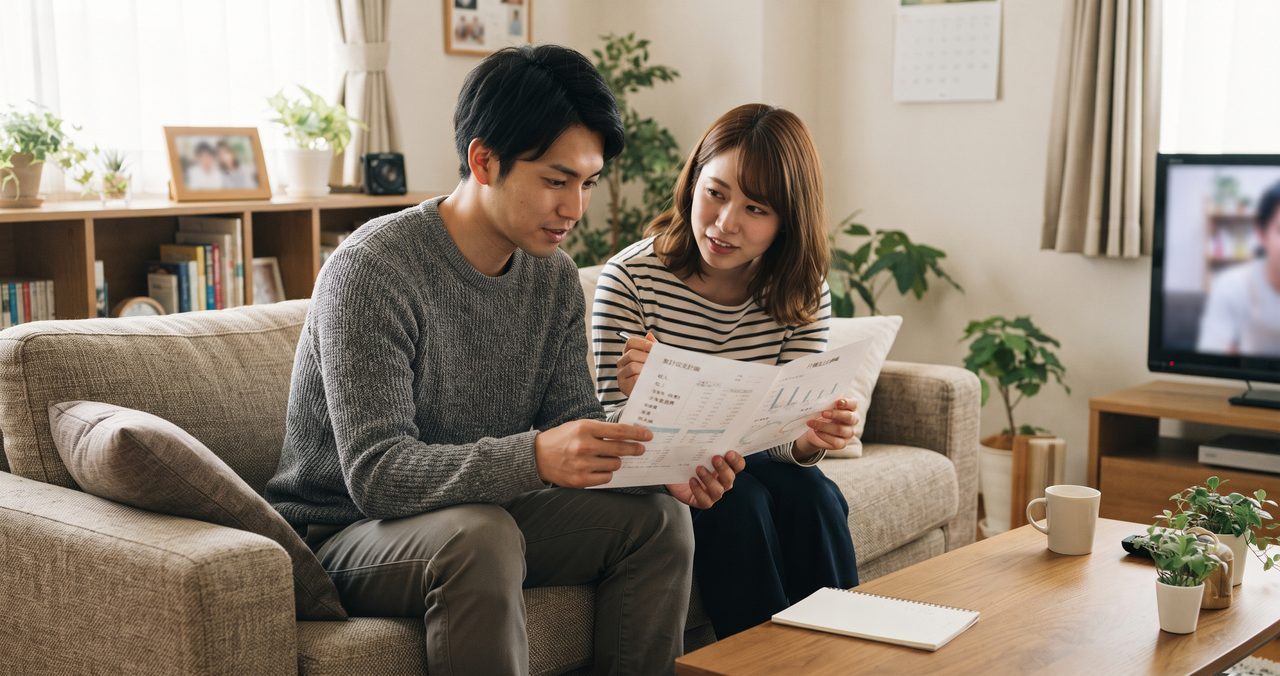 リビングのソファに並んで座り、契約書らしき書類を二人で一緒に確認しているカップル