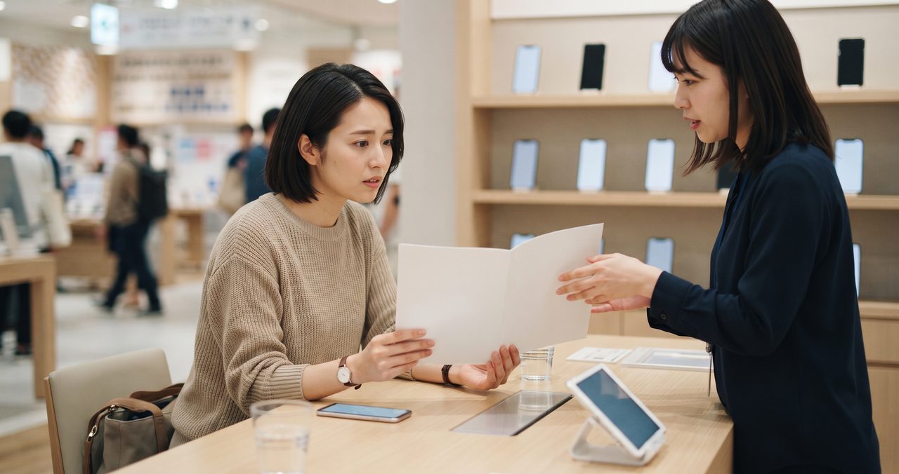 スマホ販売店の店頭カウンターで、スタッフから案内を受けながら無地のパンフレットを見ている人物