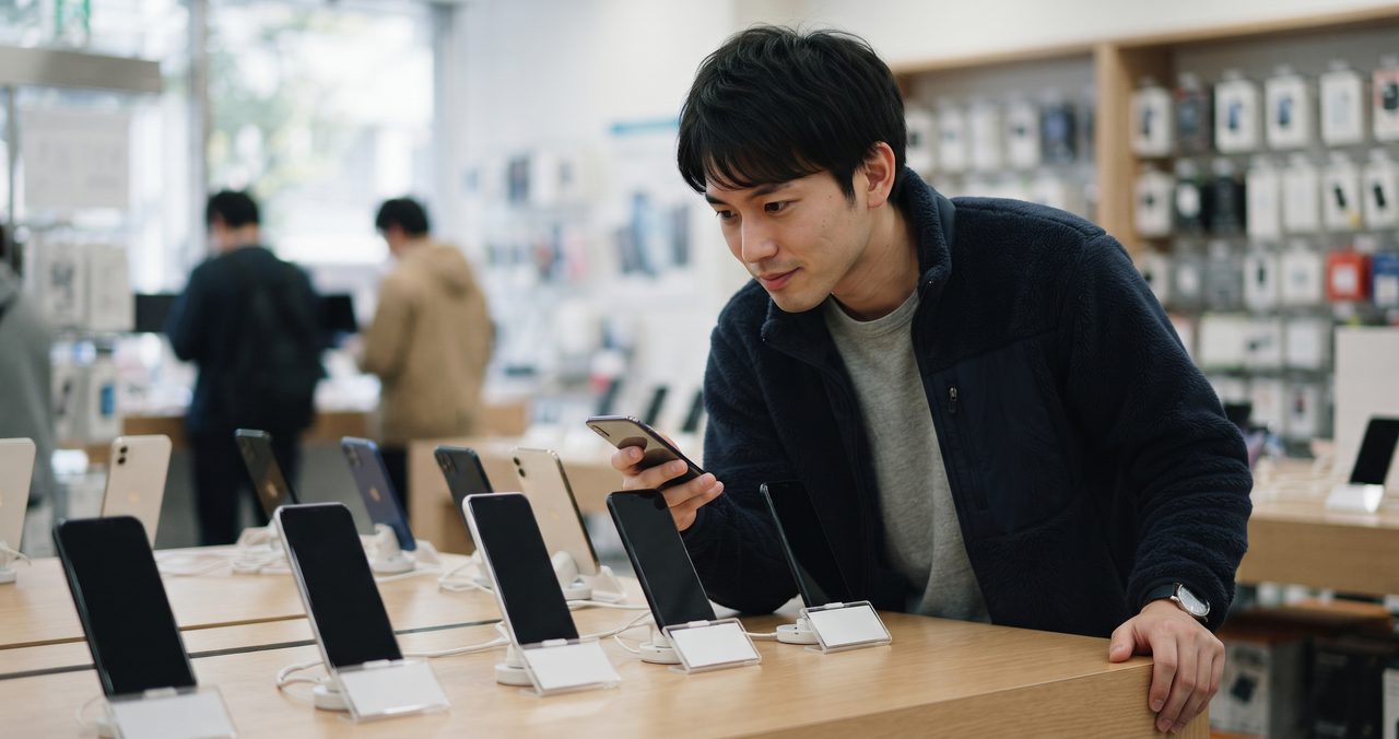 店頭のショーケースに並んだ複数のスマートフォン端末(画面は無地)を見比べている人物