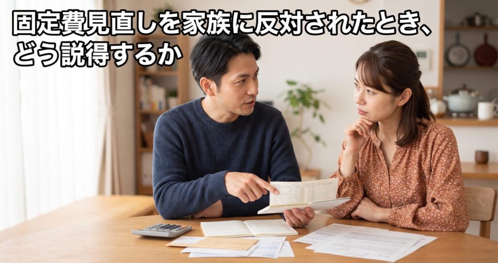 固定費見直しを提案した男性が、テーブルで通帳のような書類を指差しながら妻に説明し、妻が真剣な表情で聞いている様子