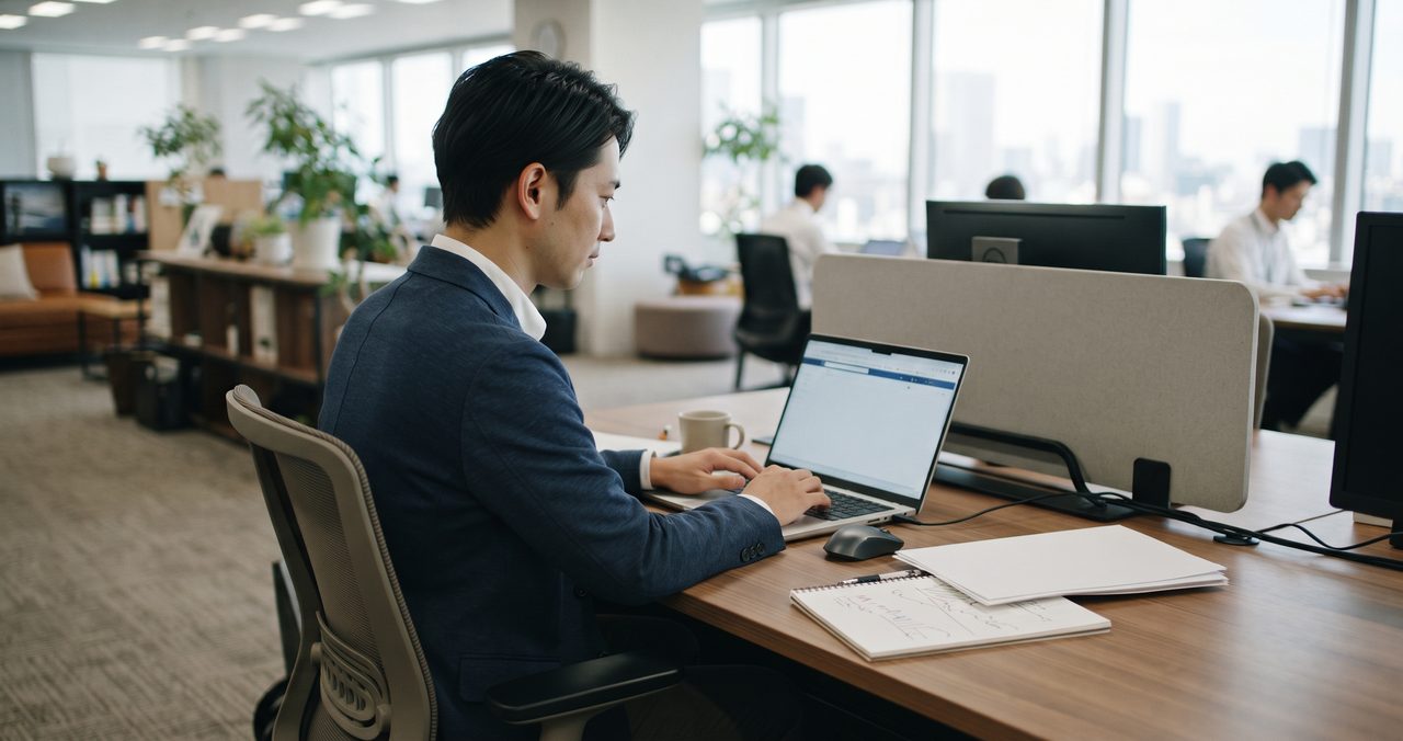 オフィスのデスクでノートパソコンに向かって働く30代会社員を斜め後方から撮影した横顔