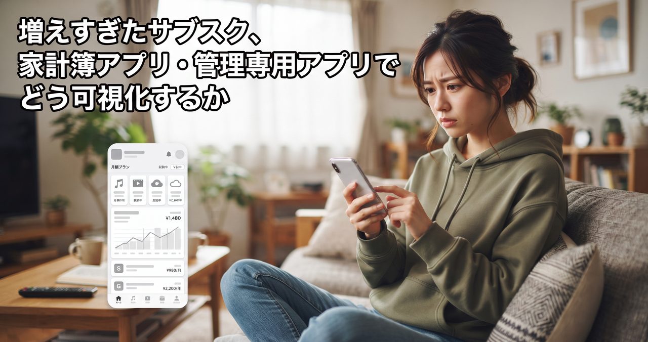 ソファでスマートフォンを見ながら多数のサブスクリプションの契約状況を確認し困った表情の人物
