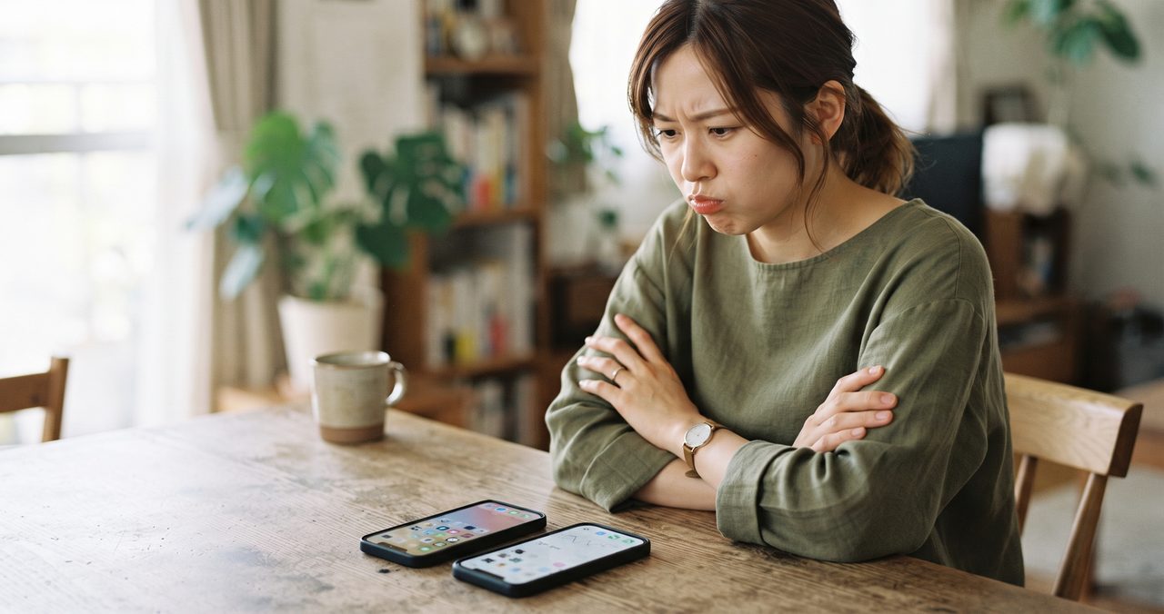 2台のスマートフォンを見比べながらどちらのアプリを使うか悩んでいる人物