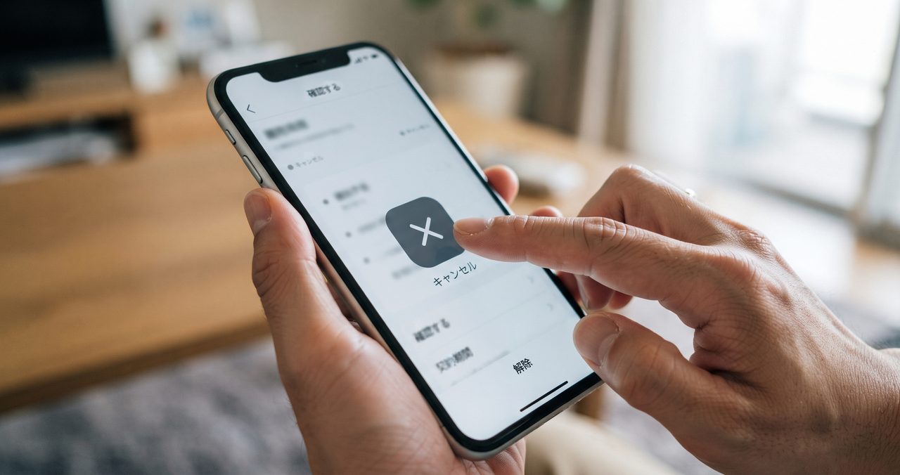 スマートフォンの解約ボタンらしき画面をタップしようとしている指先のクローズアップ