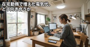 在宅勤務中にエアコンや照明が稼働するリビングでノートパソコンに向かう人物