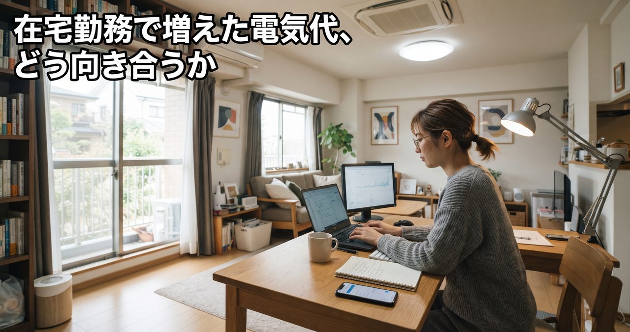 在宅勤務中にエアコンや照明が稼働するリビングでノートパソコンに向かう人物