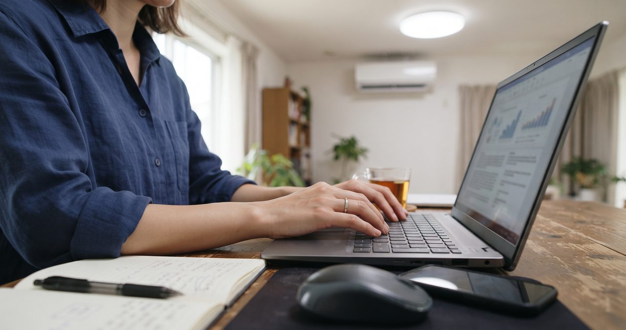 日中の自宅でノートパソコンのキーボードを操作する手元、背景にエアコンの吹き出し口が見える