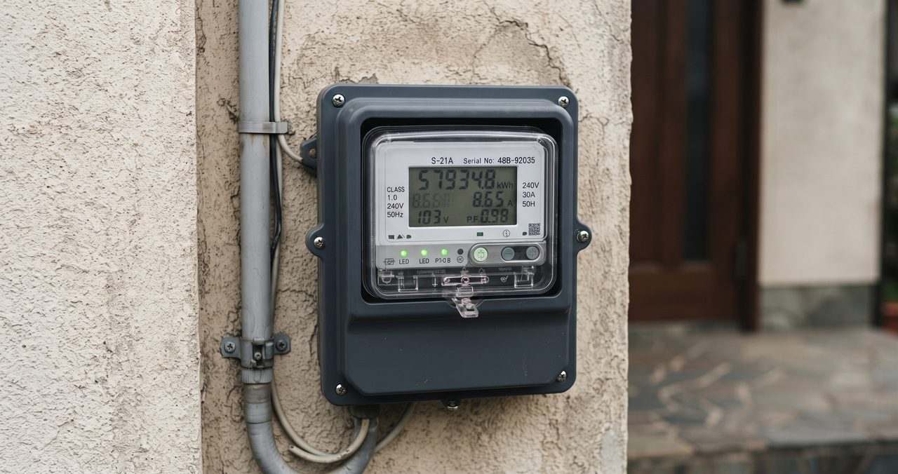 屋外に設置された電力メーターをクローズアップで撮影した様子