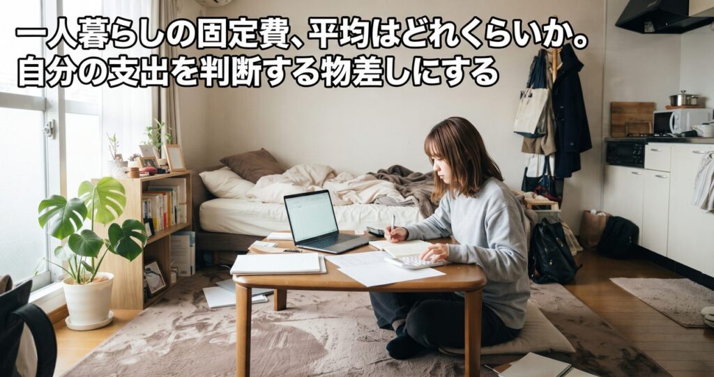 一人暮らしのワンルームで家計簿とノートパソコン、電卓を使い支出を計算する人物