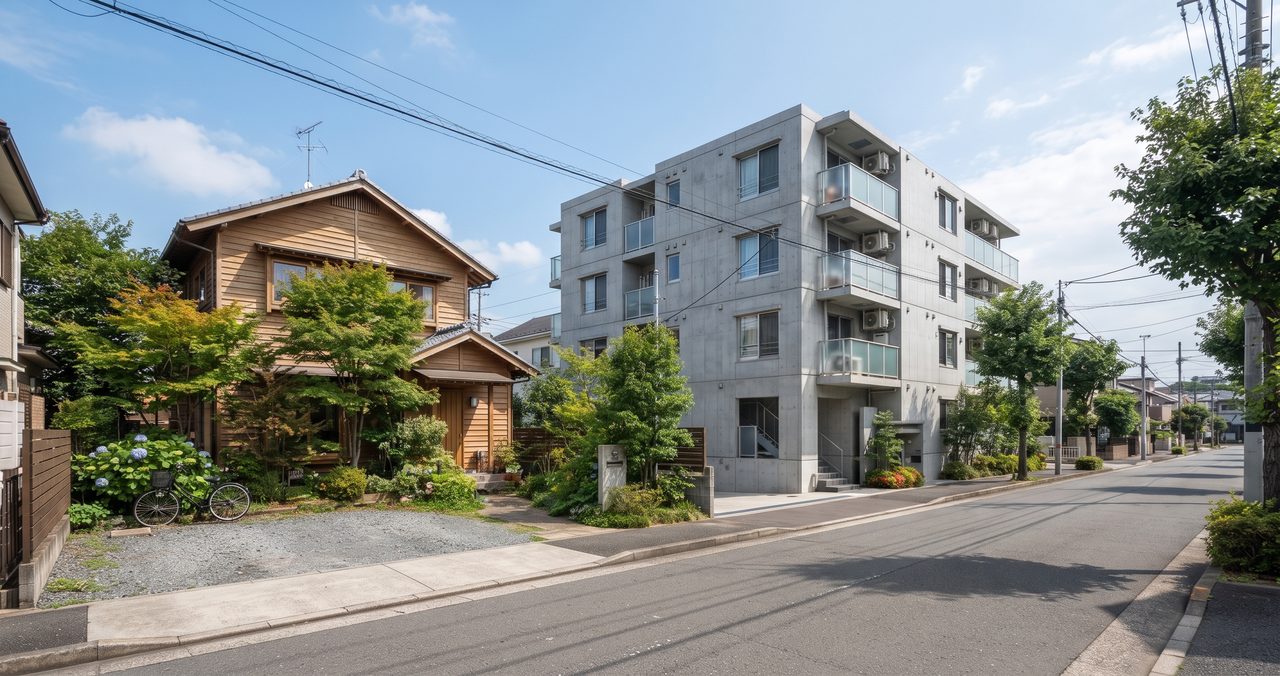 晴れた日の住宅街で、左に木造の戸建て住宅、右にコンクリート造のマンションが並んで建っている街並みの様子