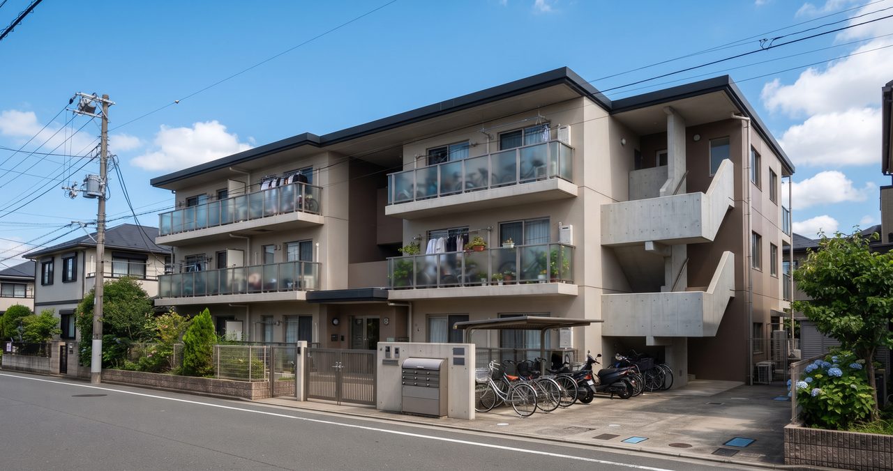 晴れた日の低層〜中層の賃貸マンションの外観を、少し離れた距離から見上げるように撮影した様子