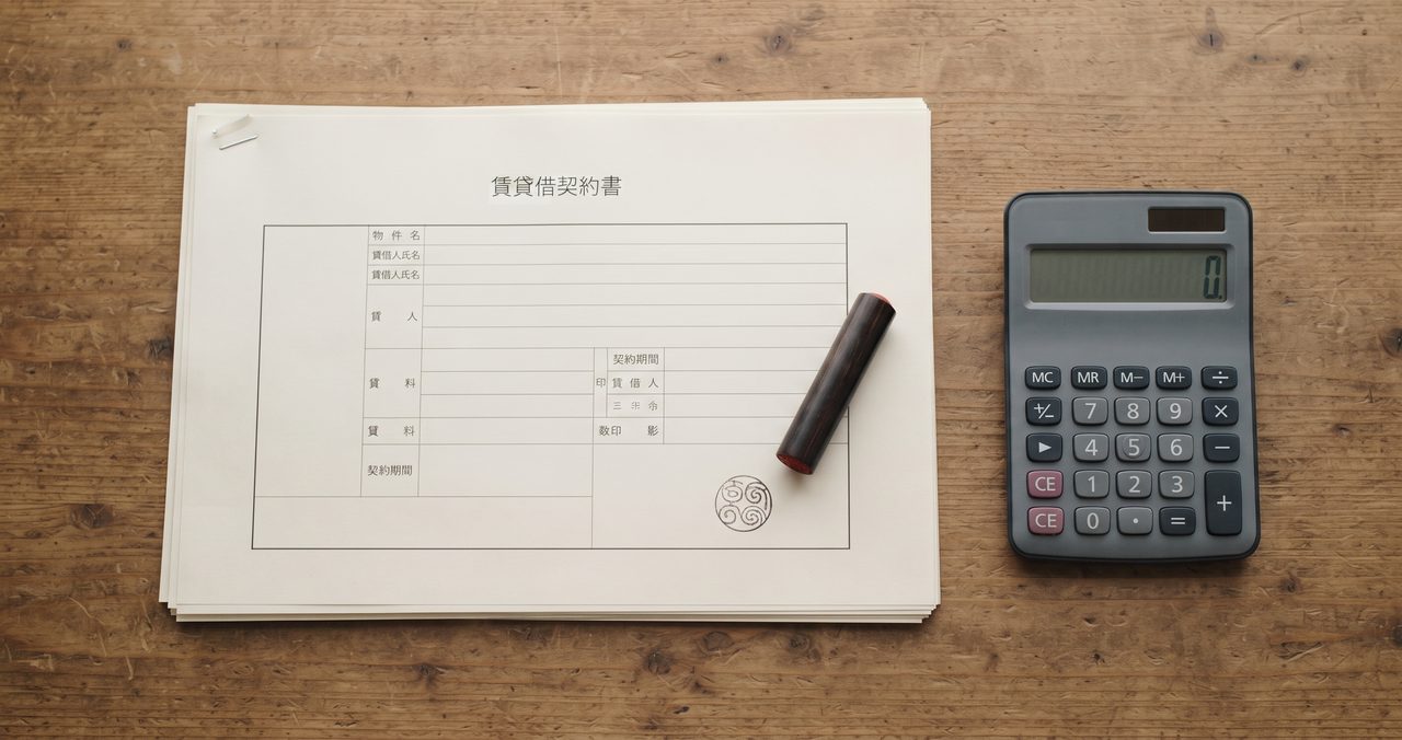 木製テーブルを俯瞰した構図で、無地の賃貸借契約書のような書類・印鑑・電卓を並べて置いている様子