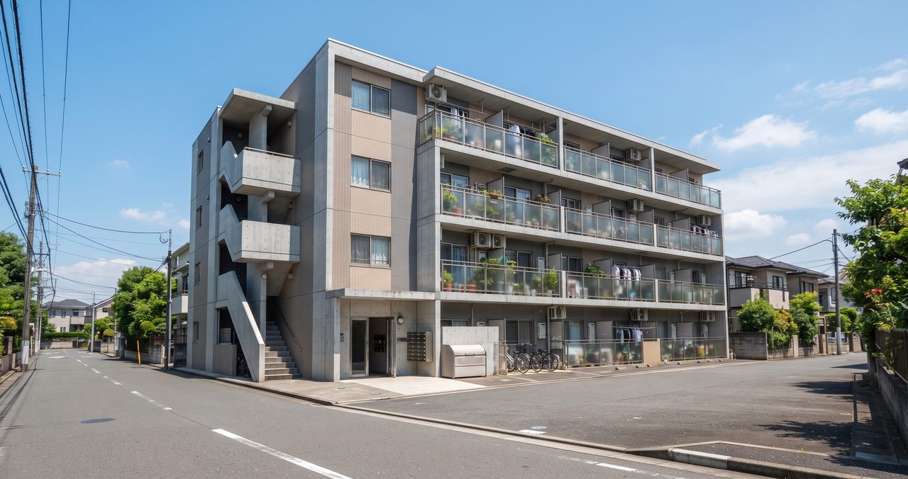晴れた日の低層〜中層の賃貸マンションの外観を、少し離れた距離から見上げるように撮影した様子
